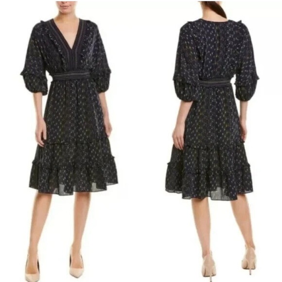 MAX STUDIO DARK BLUE,PUFF SLEEVE SMOCKED
EMPIRE WAIST DRESS. Size M - Picture 1 of 15